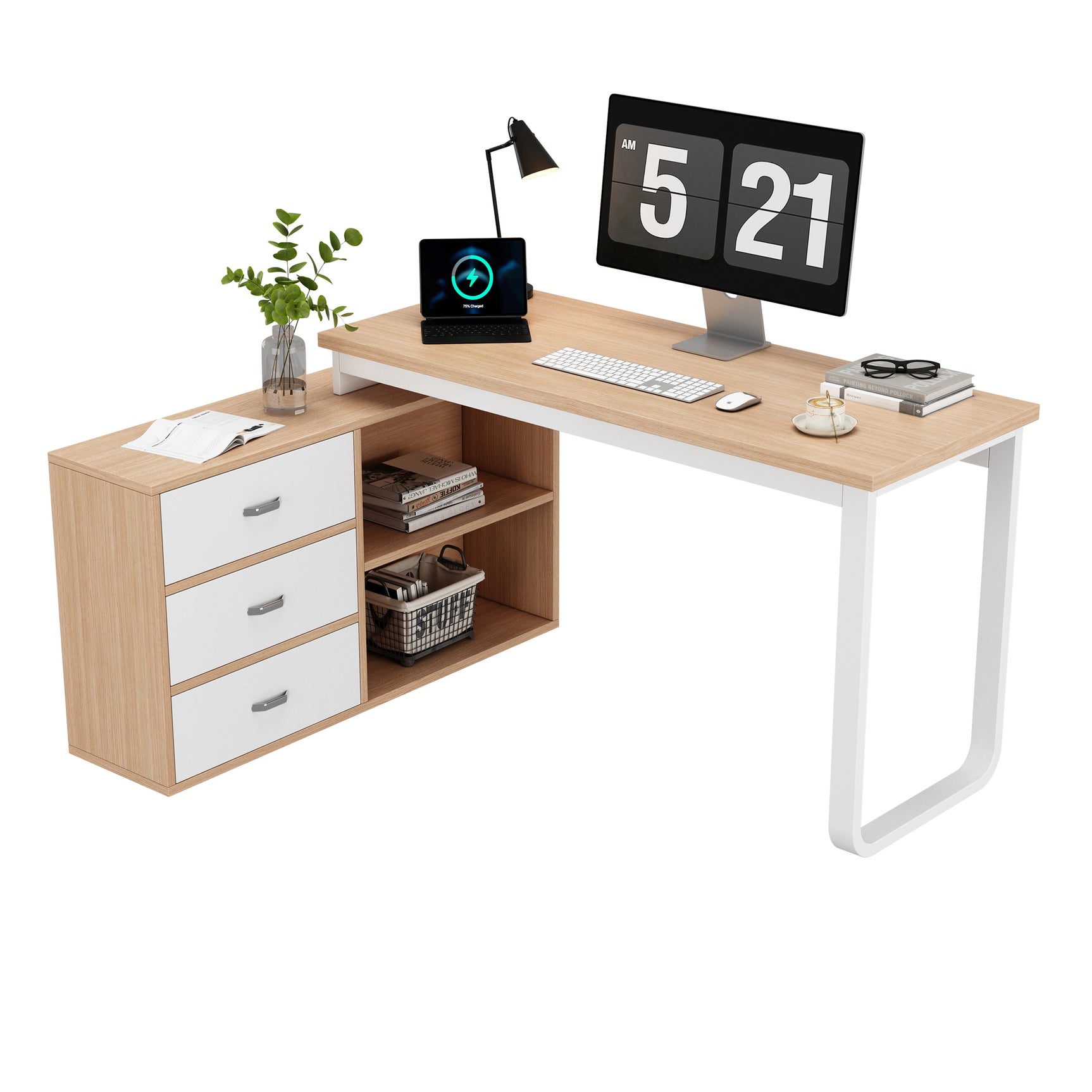 Bureau simple en bois naturel avec 3 tiroirs et 2 niches ouvertes, 147×100×75,3 cm