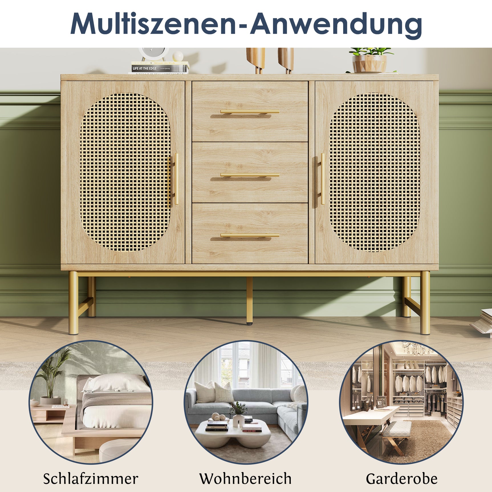 Oak caning buffet with 3 drawers, 2 doors, adjustable shelves and anti-breeching device-120 × 40 × 74 cm