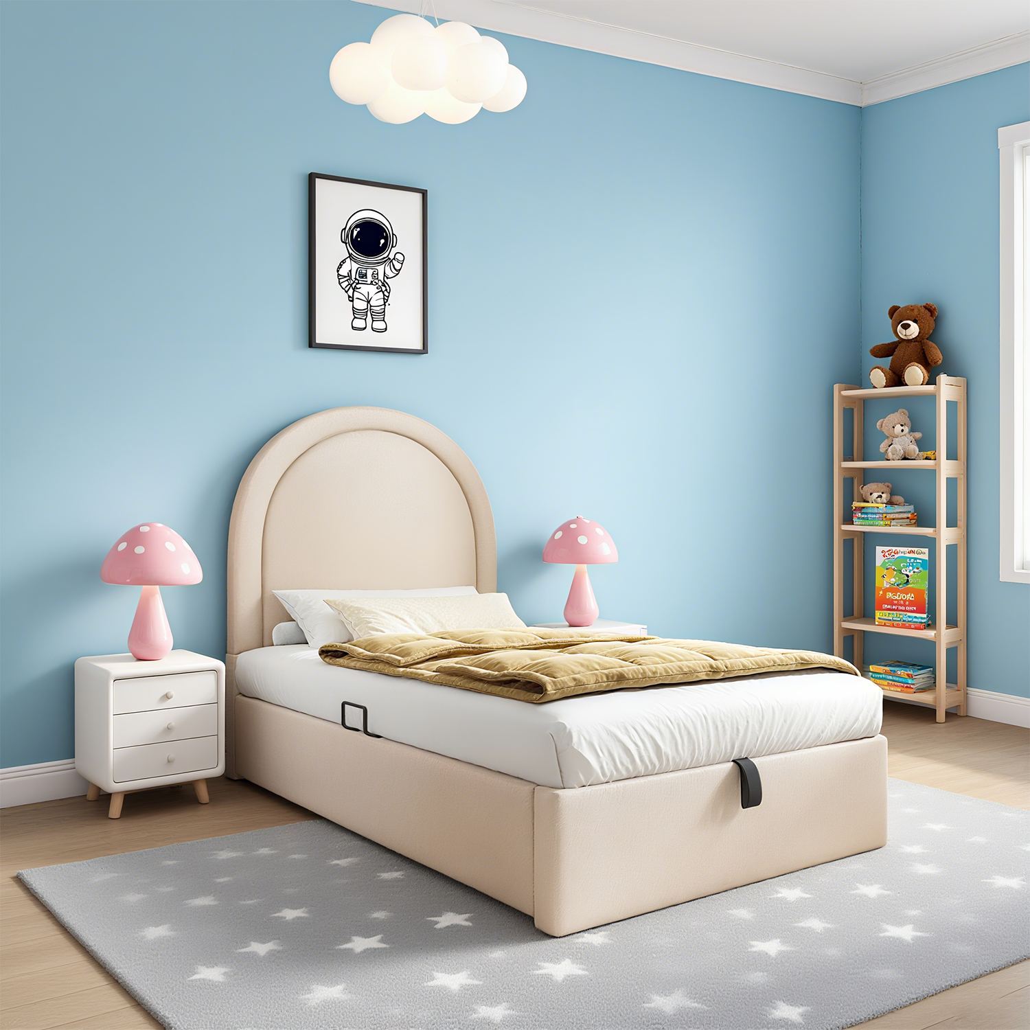 Children's bed 90 × 190 cm padded (without mattresses) PU beige with arched headboard