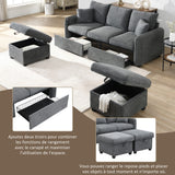Canapé d'angle 3 places gris en forme de U avec rangement, canapé modulaire multifonction en chenille
