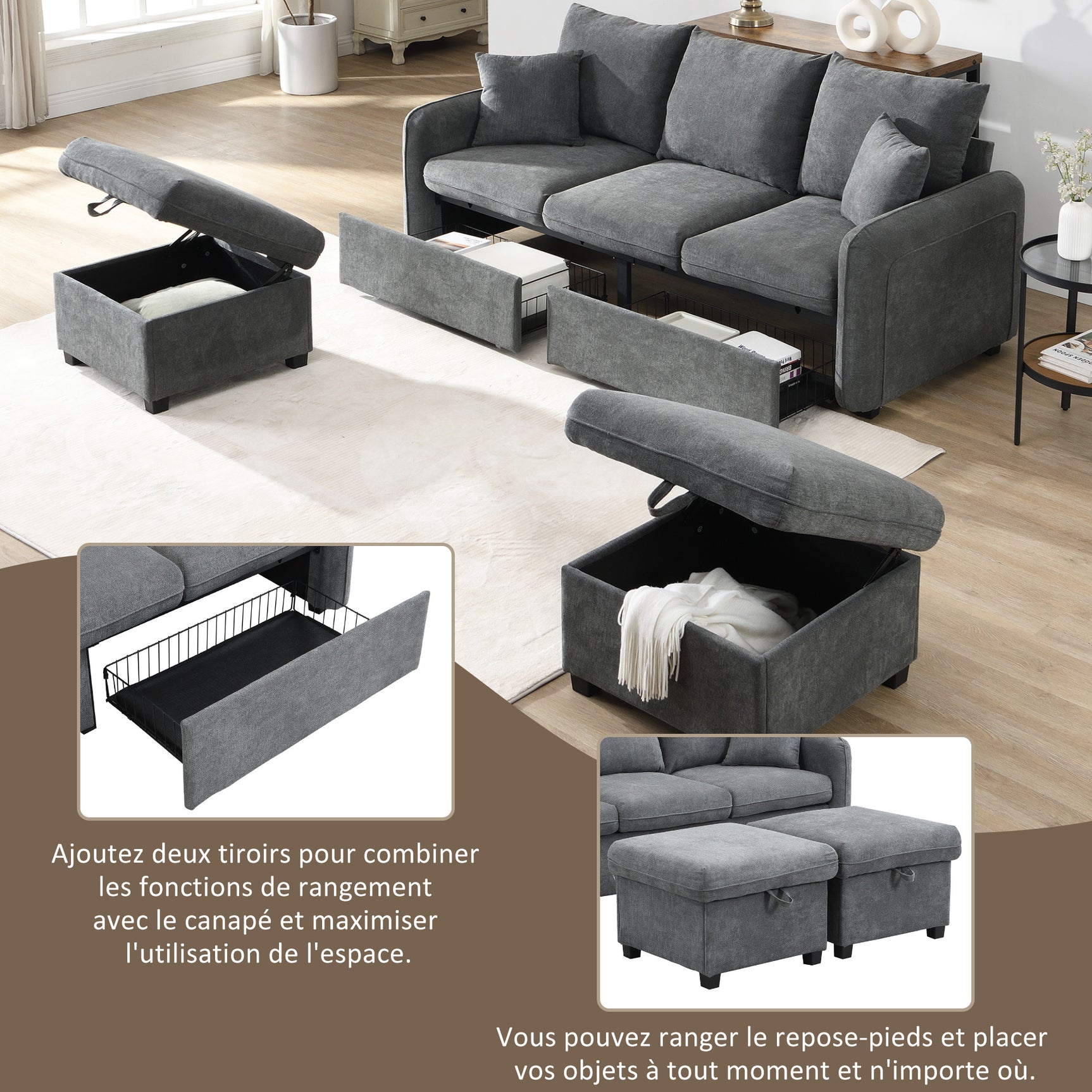 Canapé d'angle 3 places gris en forme de U avec rangement, canapé modulaire multifonction en chenille