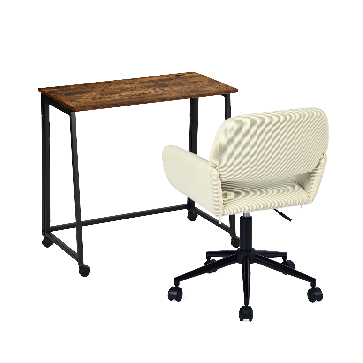 Ensemble avec bureau pliable industriel à roulettes et fauteuil en velours côtelé beige âââââââ€?ASCOLI & ROSS
