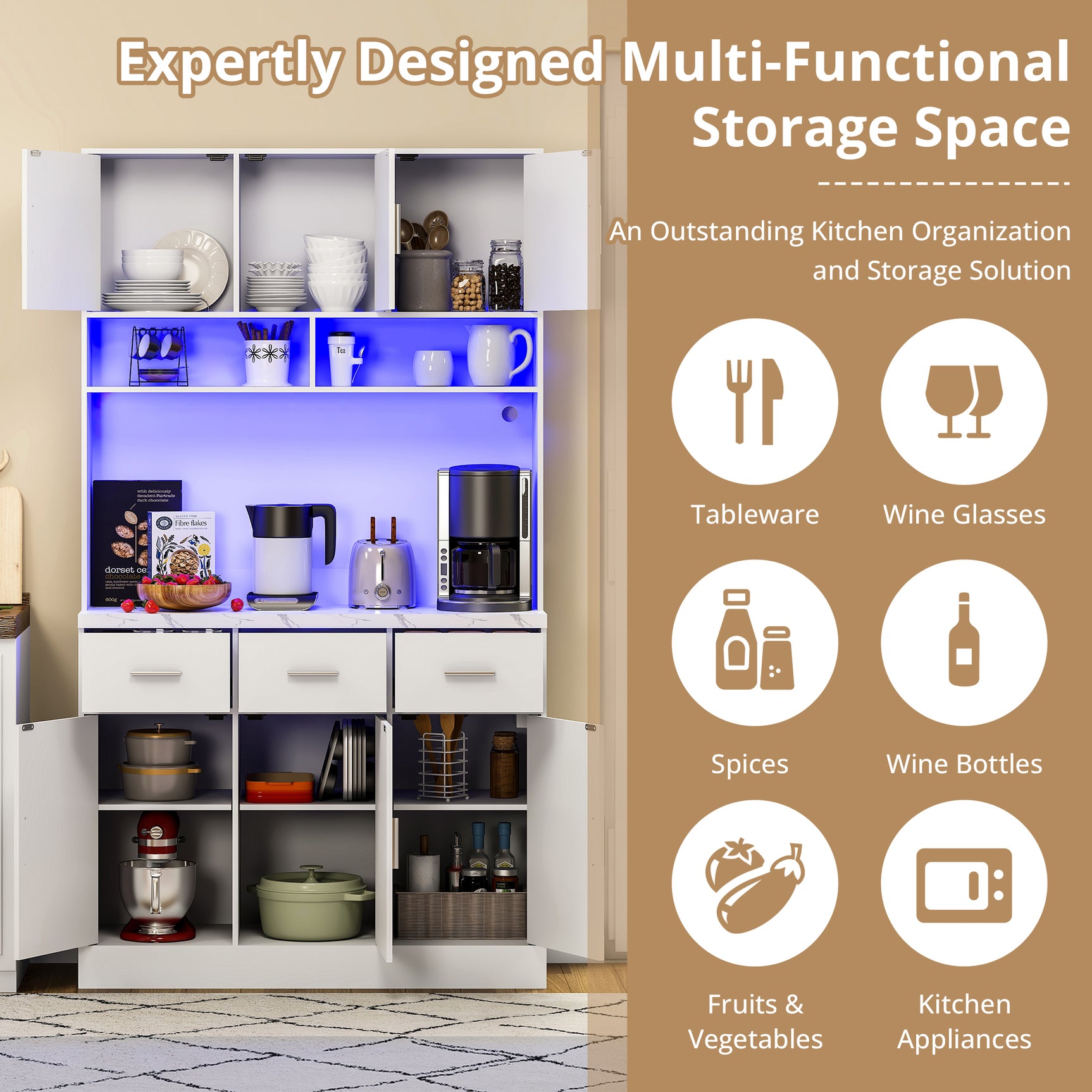 Buffet de cuisine multifonction 100x40x180 cm en MDF blanc avec LED télécommandées, prises électriques, ports USB, tiroirs et étagères réglables