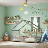 Lit cabane enfant 90x200 cm bois massif gris avec barrière anti-chute et sommier à lattes