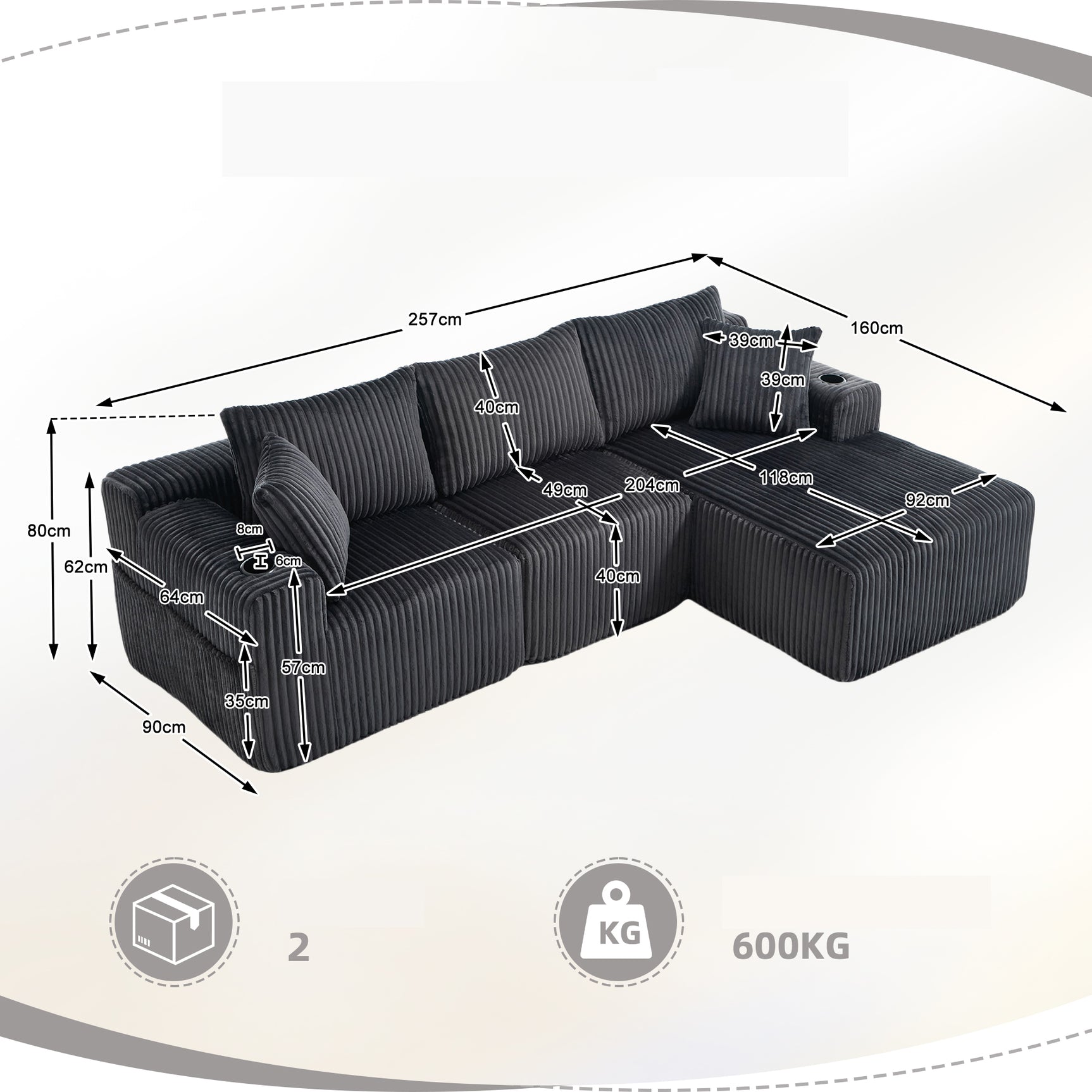 Ensemble canapé avec coussins, poches latérales et porte-gobelets en velours côtelé doux pour salon, gris