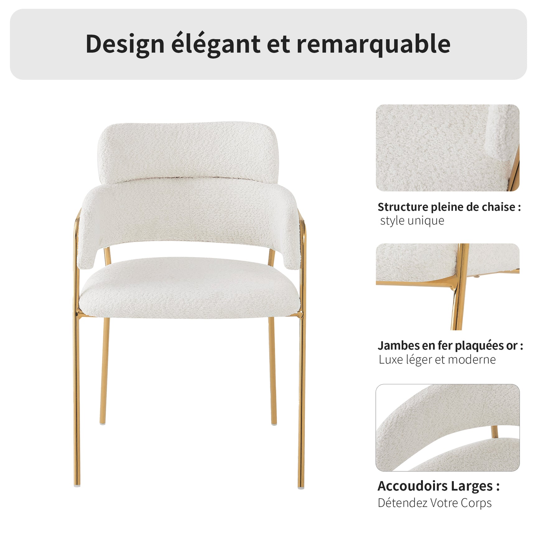 Lot de 6 chaises de salle à manger beiges avec pieds dorés, style moderne