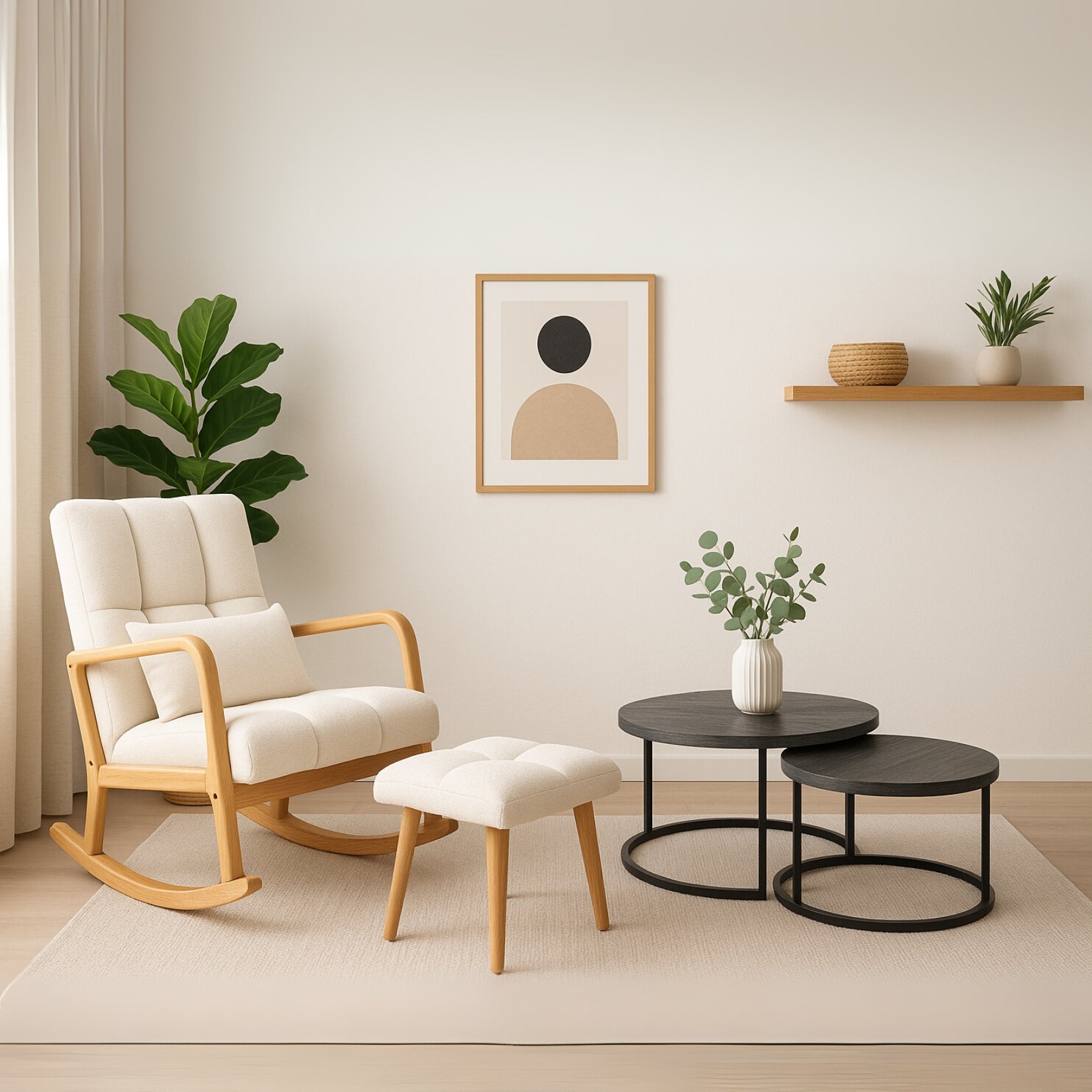 Fauteuil à bascule avec repose-pieds, revêtement polaire blanc, dossier haut et structure bois naturel