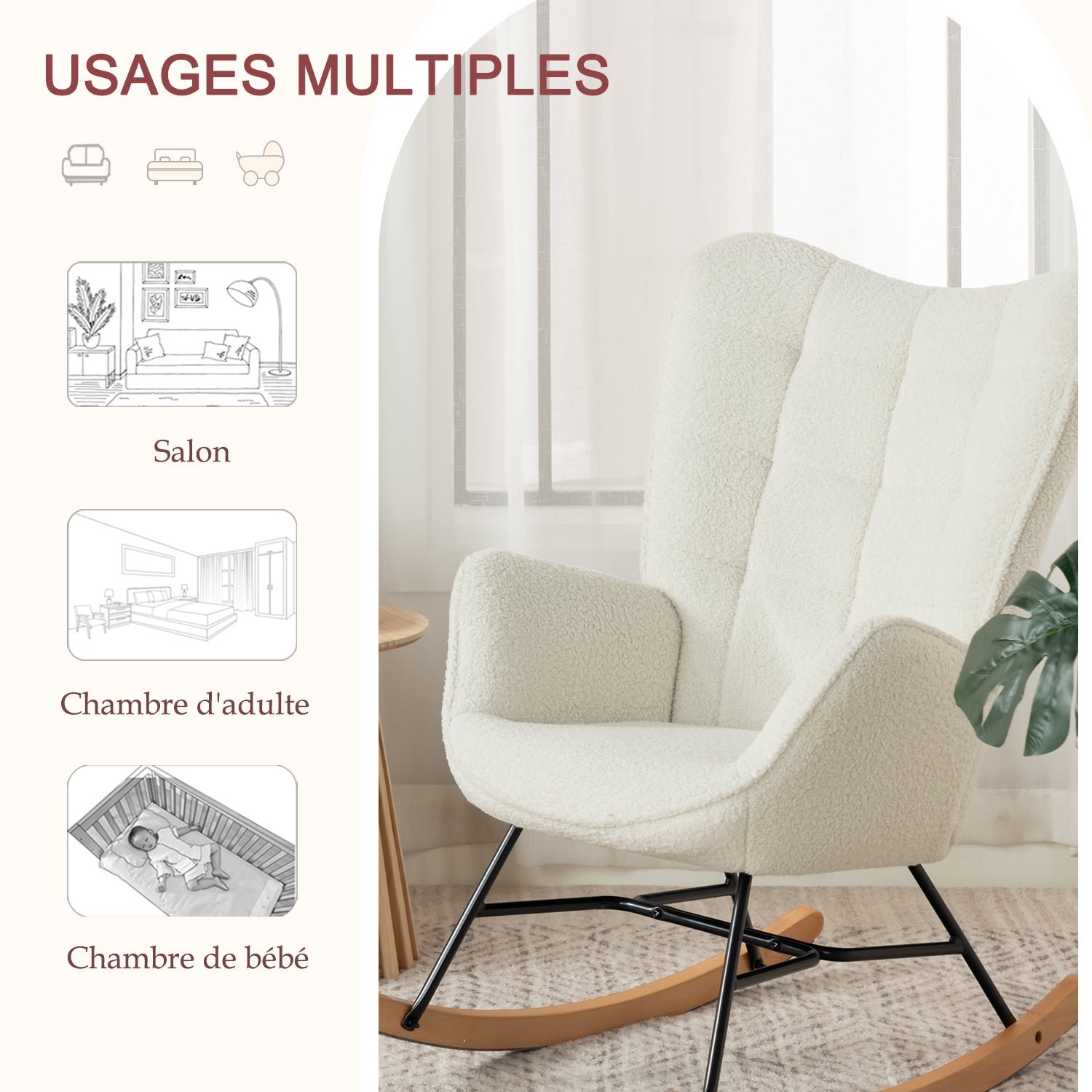 Fauteuil à bascule allaitement scandinave avec accoudoirs en tissu mouton bouclette beige à surpiqûres - FUNKEL