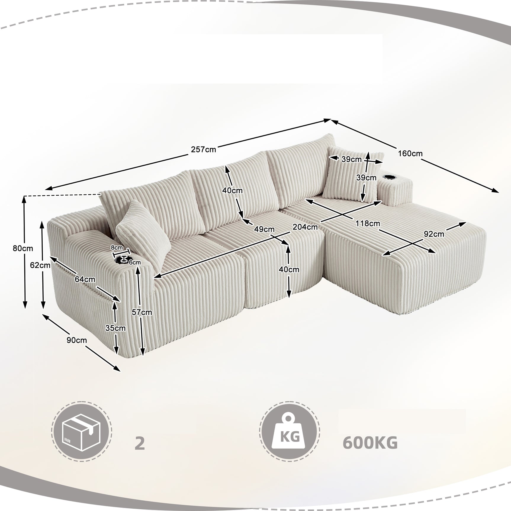 Ensemble canapé avec coussins, poches latérales et porte-gobelets en velours côtelé doux pour salon, blanc