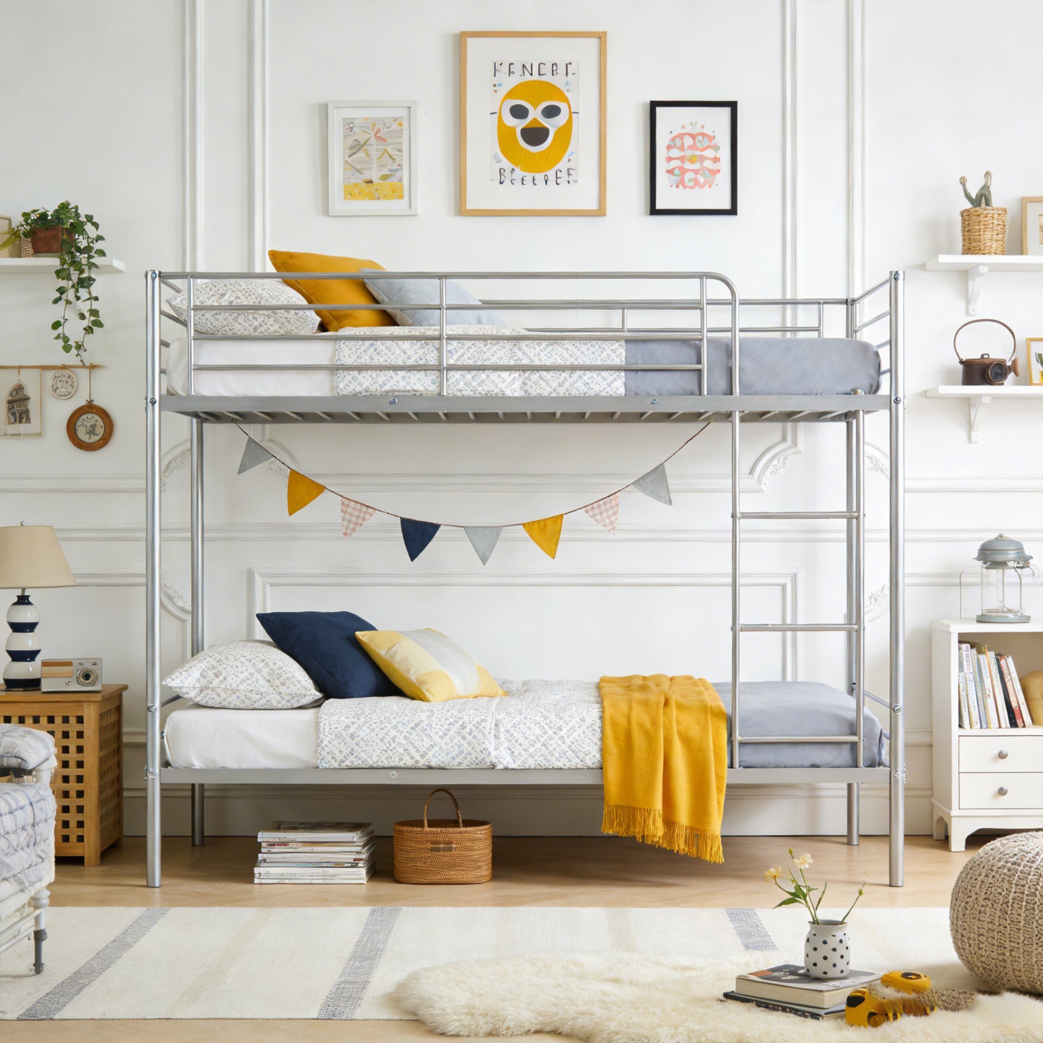 Lit superposé 2 places et 2 étages en métal argenté avec échelle 90x190cm (matelas non inclus) - TWIN