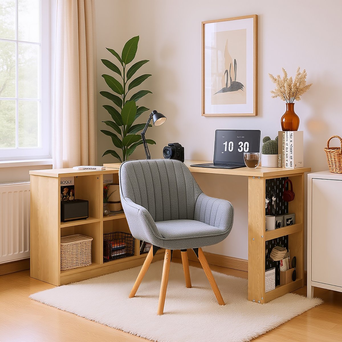 Multifunctional desk 140x104x75 cm in MDF wood with 6 storage compartments, thick tray, shelf and perforated metallic panel