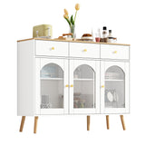 Buffet blanc et bois naturel avec 3 tiroirs et 3 portes cintrées en verre trempé, grand espace de rangement élégant