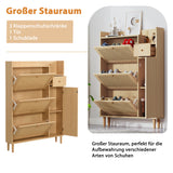 Meuble à chaussures en bois et rotin naturel 90x17x125 cm avec 3 portes basculantes, 1 tiroir et pieds en bois massif, idéal pour entrée étroite et petits espaces
