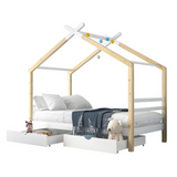 Lit cabane enfant 90x200 cm blanc et bois en bois massif avec sommier à lattes et 2 tiroirs de rangement (sans matelas)