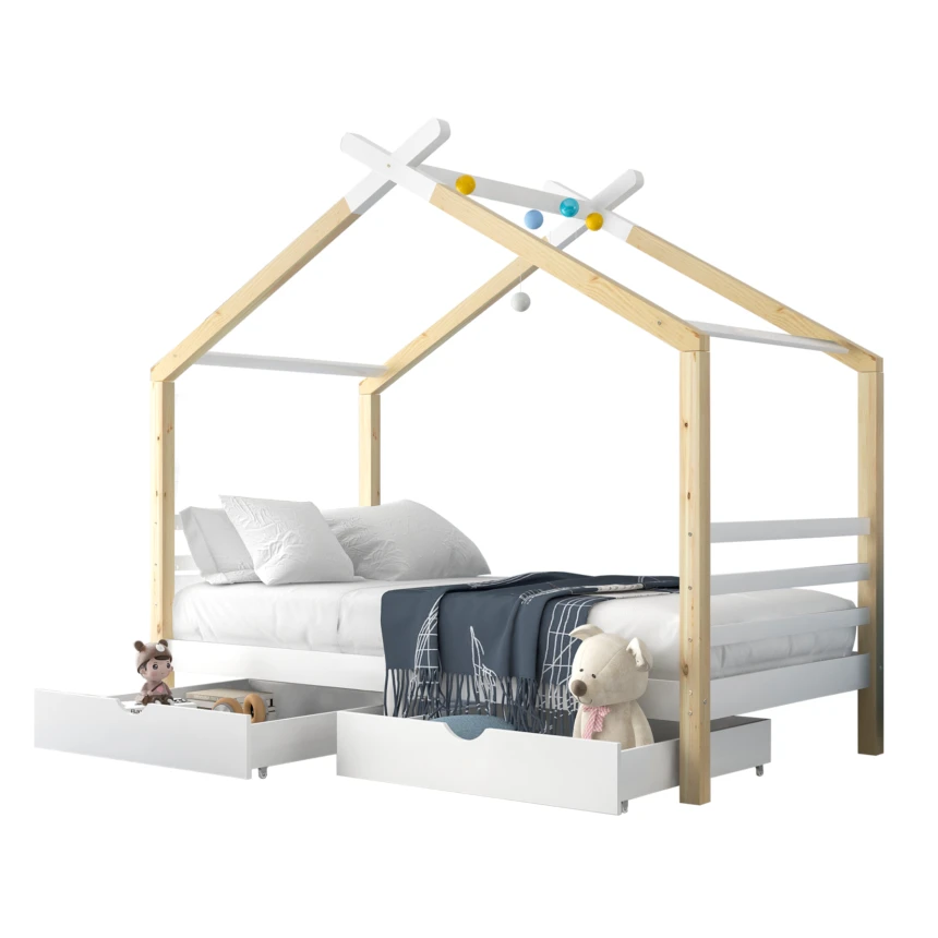 Lit cabane enfant 90x200 cm blanc et bois en bois massif avec sommier à lattes et 2 tiroirs de rangement (sans matelas)