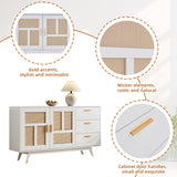 Buffet en rotin blanc décoratif avec 2 portes en rotin et 3 tiroirs, meuble de rangement multifonction élégant avec détails dorés, 160x40x87 cm