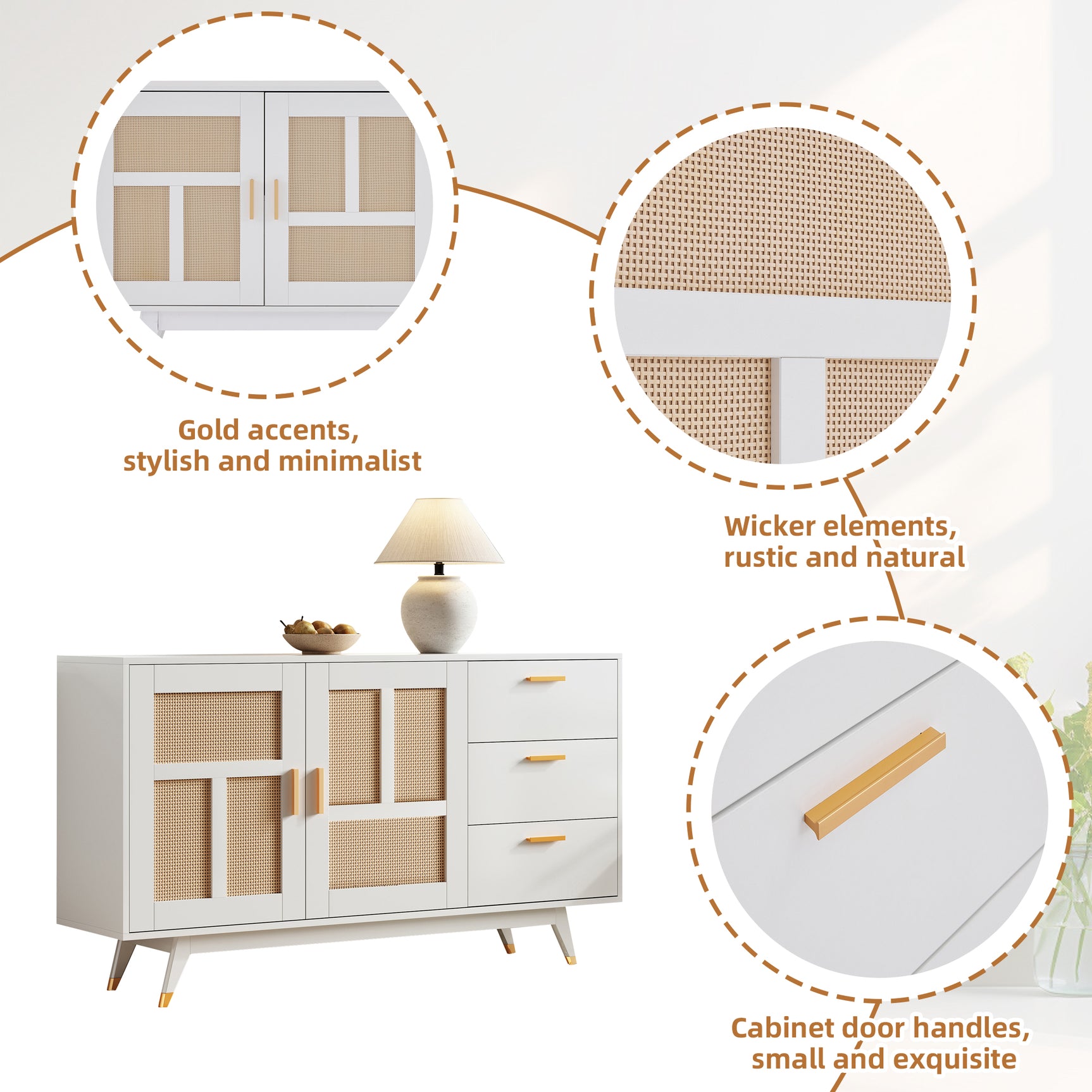 Buffet en rotin blanc décoratif avec 2 portes en rotin et 3 tiroirs, meuble de rangement multifonction élégant avec détails dorés, 160x40x87 cm