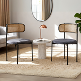 Lot de 2 chaises de salle à manger modernes en velours gris avec dossier en rotin et pieds en métal
