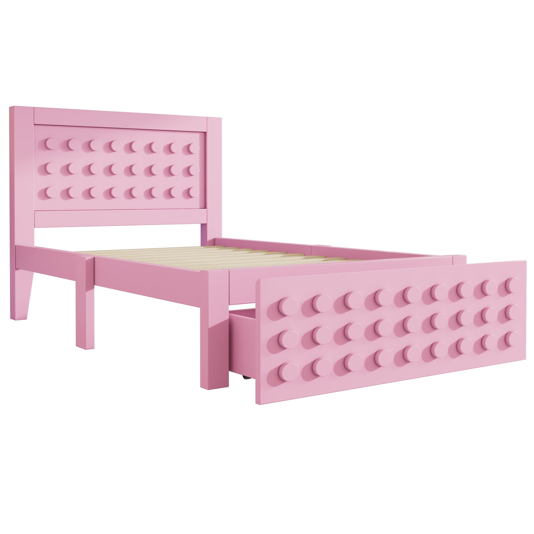 Pink child bed 90x200 cm with storage drawer and creative design in blocks, solid wood frame