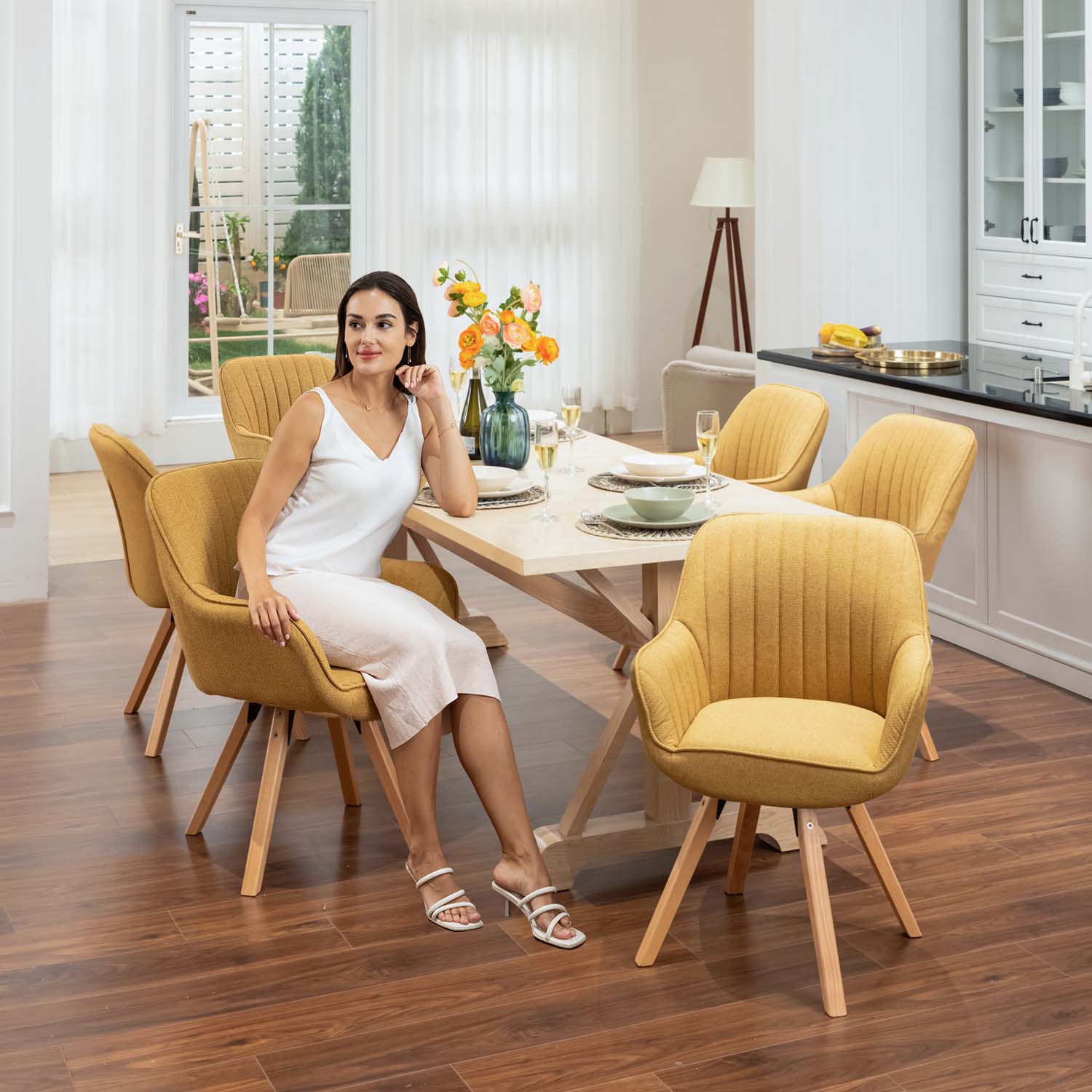 Set of 6 comfortable yellow fabric dining room chairs with 360° swivel - CARSON FABRIC YELLOW 6PCS
