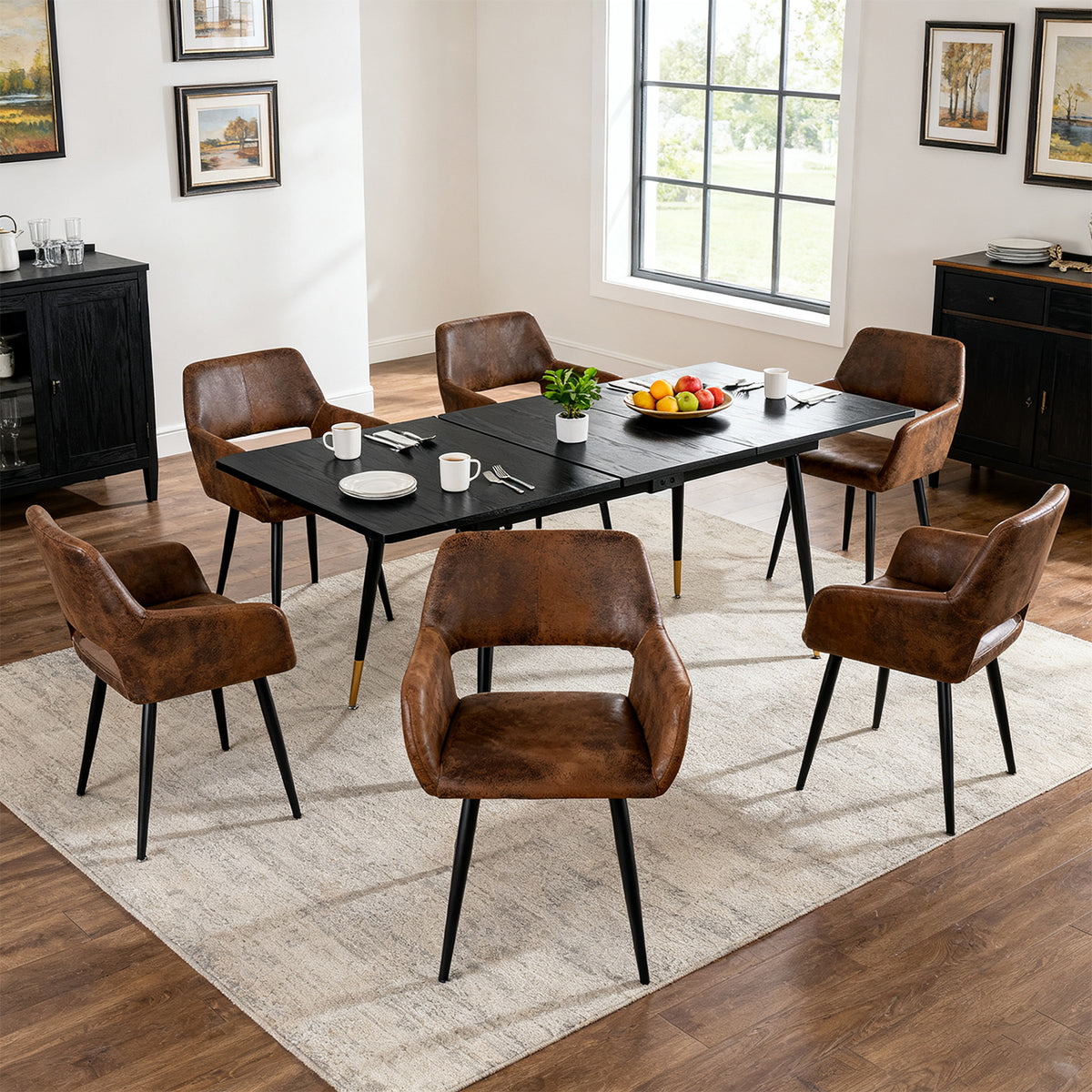 Ensemble de salle à manger comprenant une table extensible et 6 chaises avec accoudoirs en suédine marron
