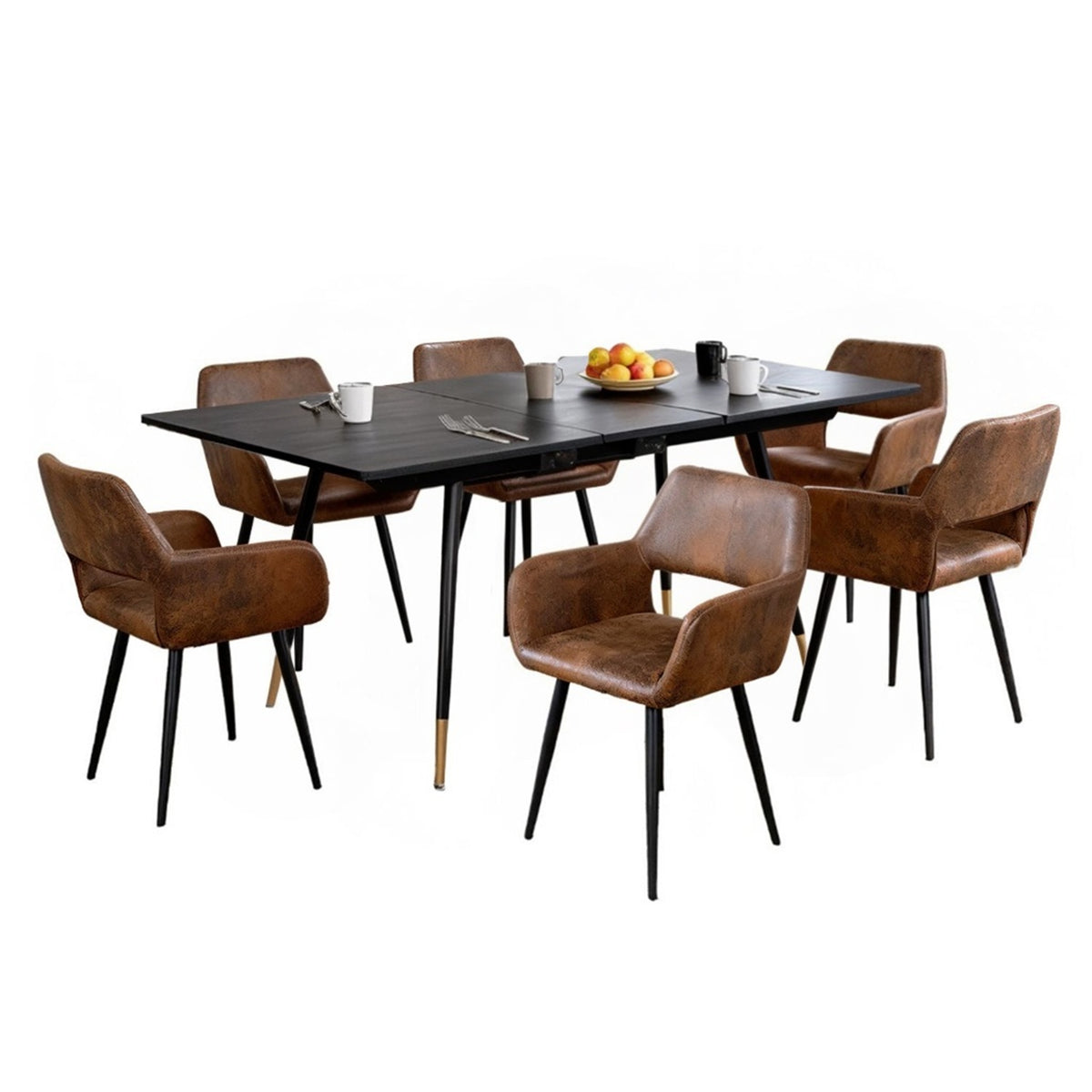 Ensemble de salle à manger comprenant une table extensible et 6 chaises avec accoudoirs en suédine marron