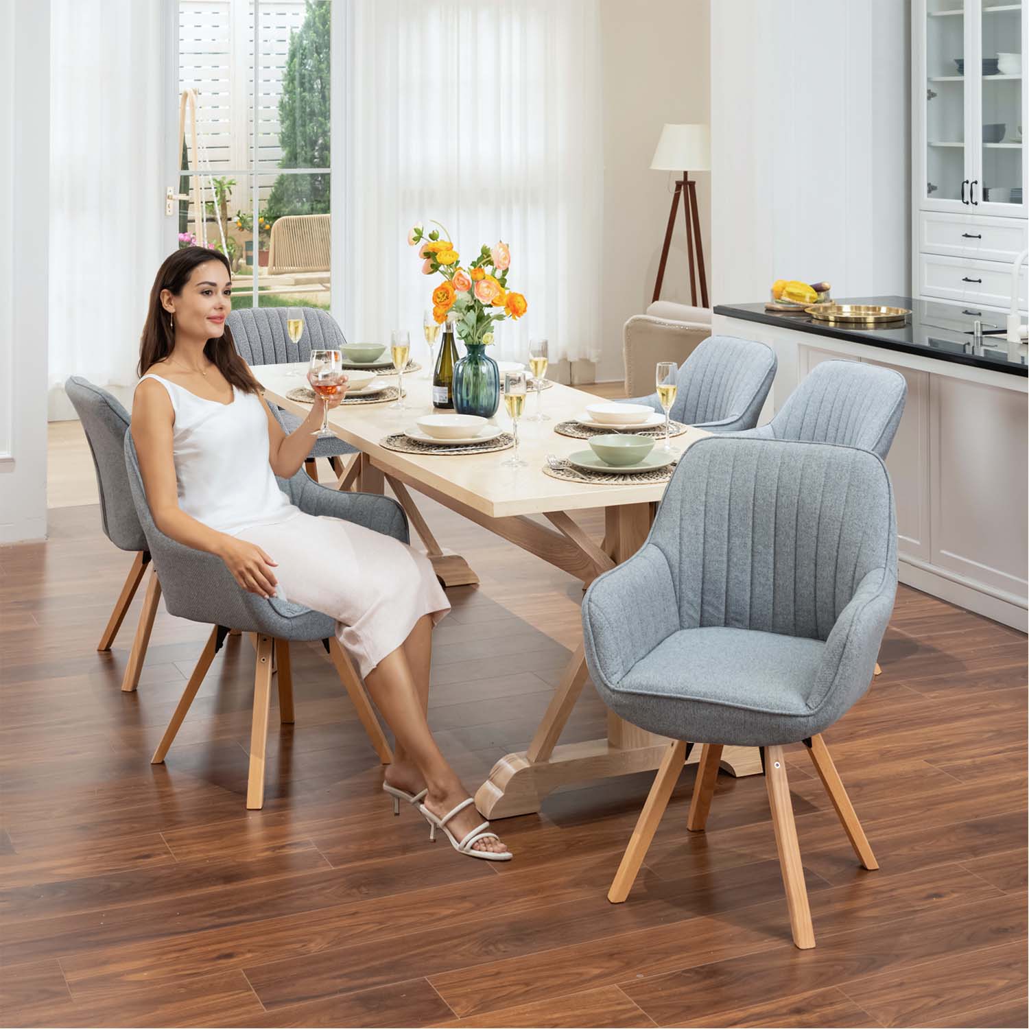 Set of 6 comfortable dining chairs in 360 ° swivel gray fabric - Carson Fabric Gray 6pcs