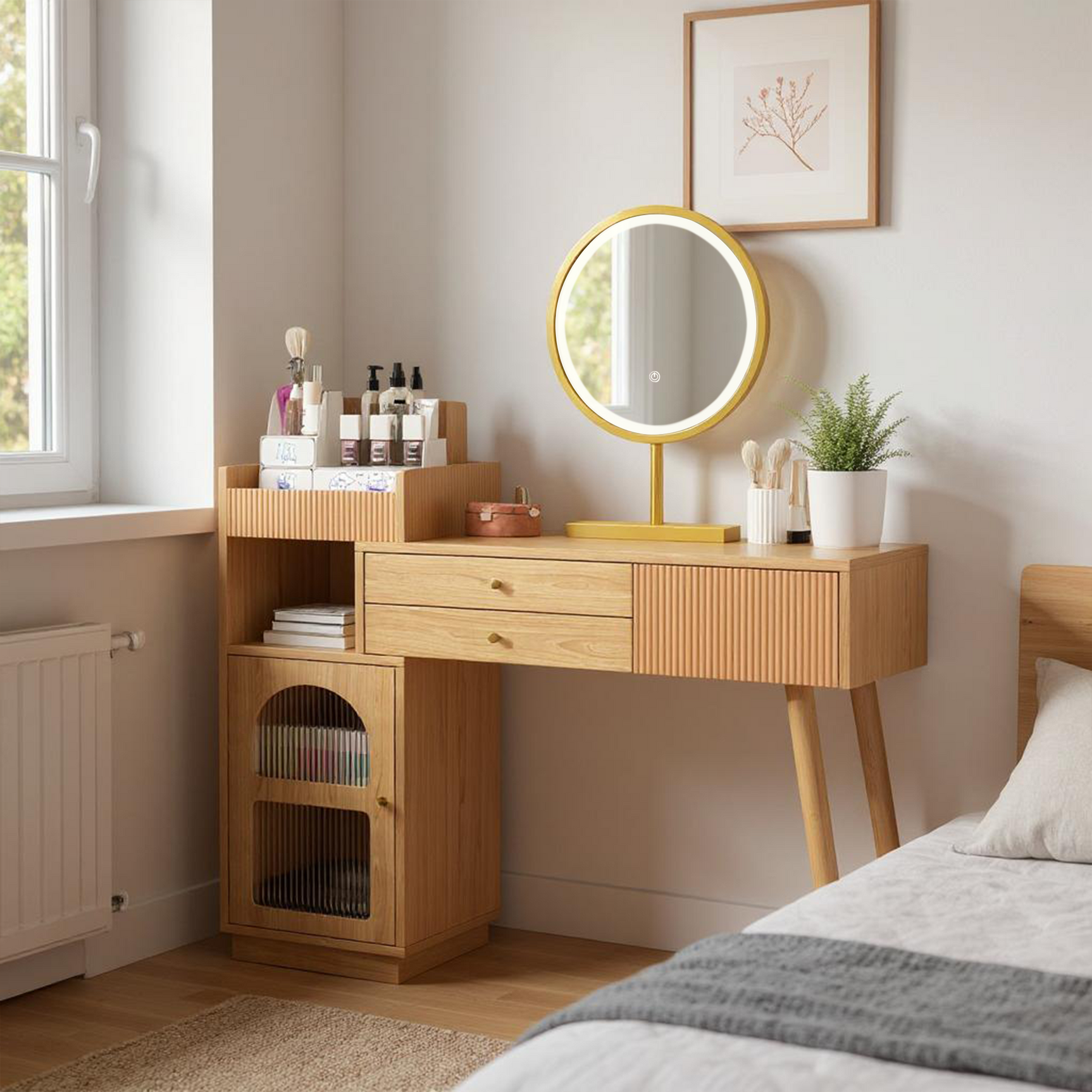 Coiffeuse moderne avec miroir LED à 3 lumières, grand espace de rangement et armoire latérale en verre, 120x40x90 cm