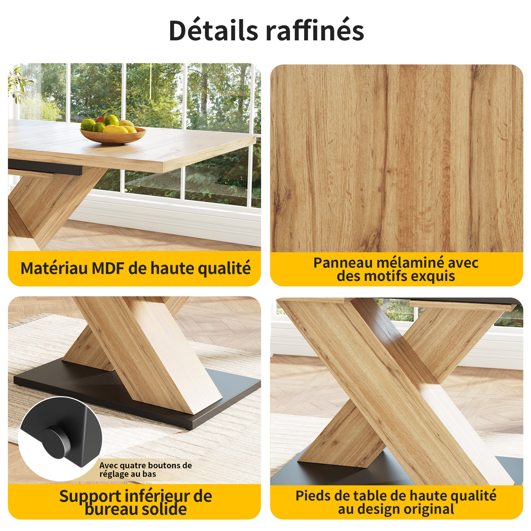 Table à manger télescopique extensible aspect bois avec pieds en croix