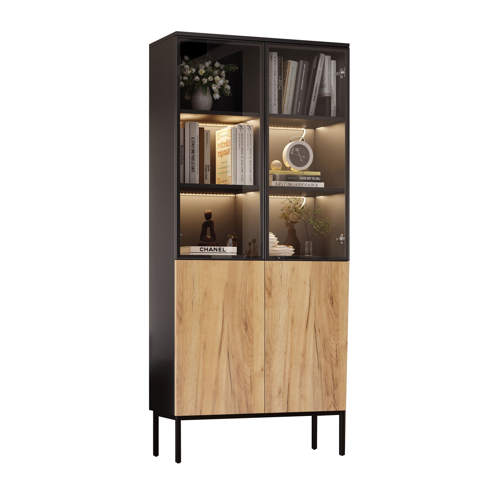 180 cm LED-Vitrine aus gehärtetem Glas in Schwarz/Eiche mit verstellbaren Einlegeböden