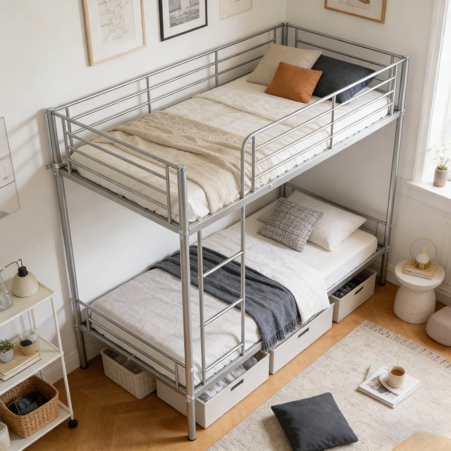 Lit superposé 2 places et 2 étages en métal argenté avec échelle 90x190cm (matelas non inclus) - TWIN