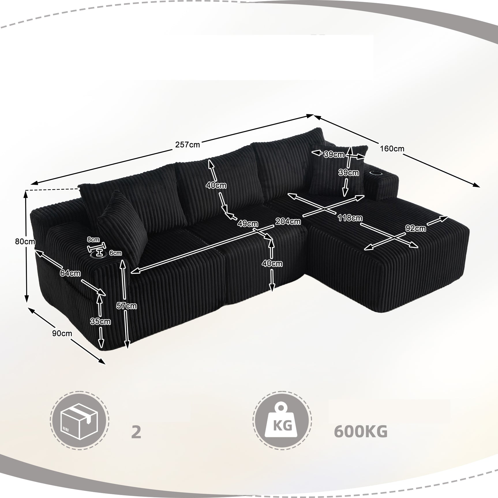 Ensemble canapé avec coussins, poches latérales et porte-gobelets en velours côtelé doux pour salon, noir