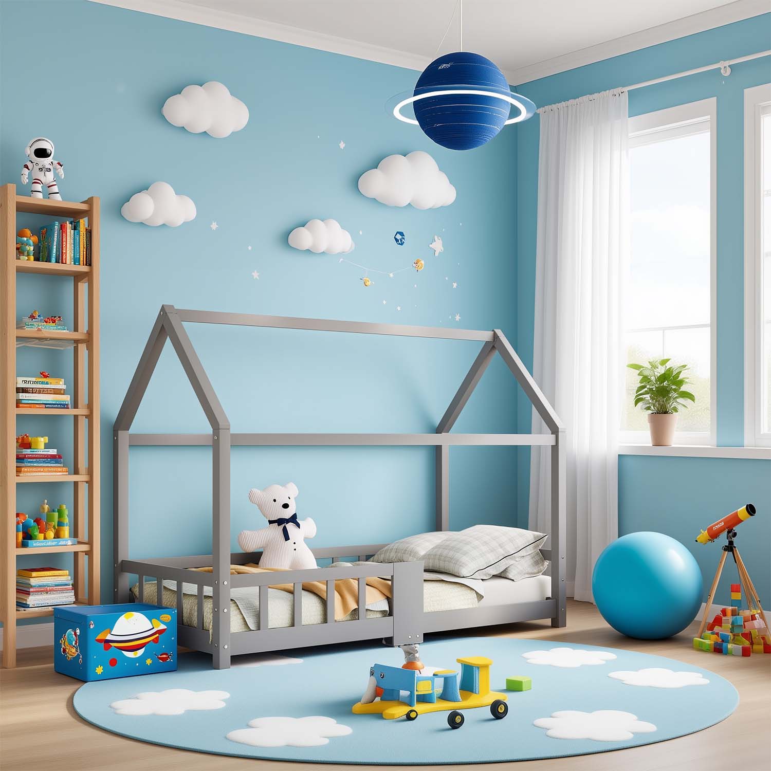 Cabin bed children 90x200 cm Gray in solid wood with blackboard, slatted base and safety barriers, without mattresses