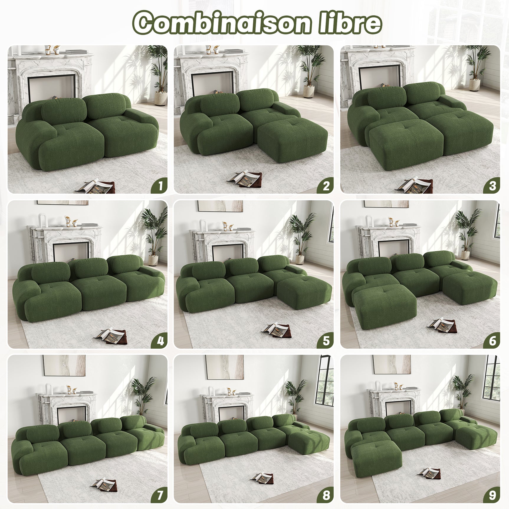 Ensemble de canapés avec accoudoirs incurvés et base antidérapante en tissu velours côtelé doux pour le salon, vert, siège 3