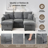 Canapé d'angle 3 places gris en forme de U avec rangement, canapé modulaire multifonction en chenille