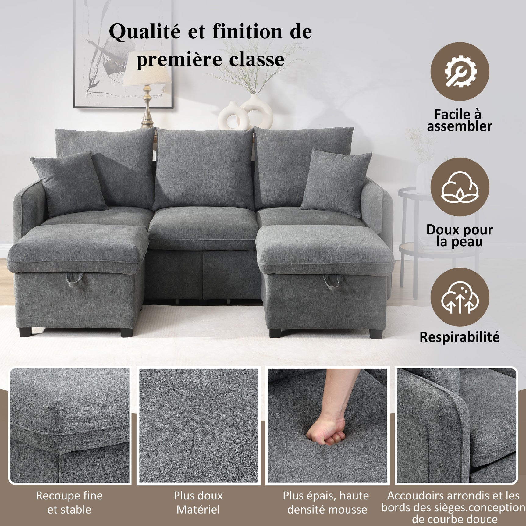 Canapé d'angle 3 places gris en forme de U avec rangement, canapé modulaire multifonction en chenille