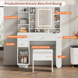 Coiffeuse moderne avec miroir éclairé & tabouret â€?Table de maquillage avec éclairage réglable, tiroirs & rangements ouverts