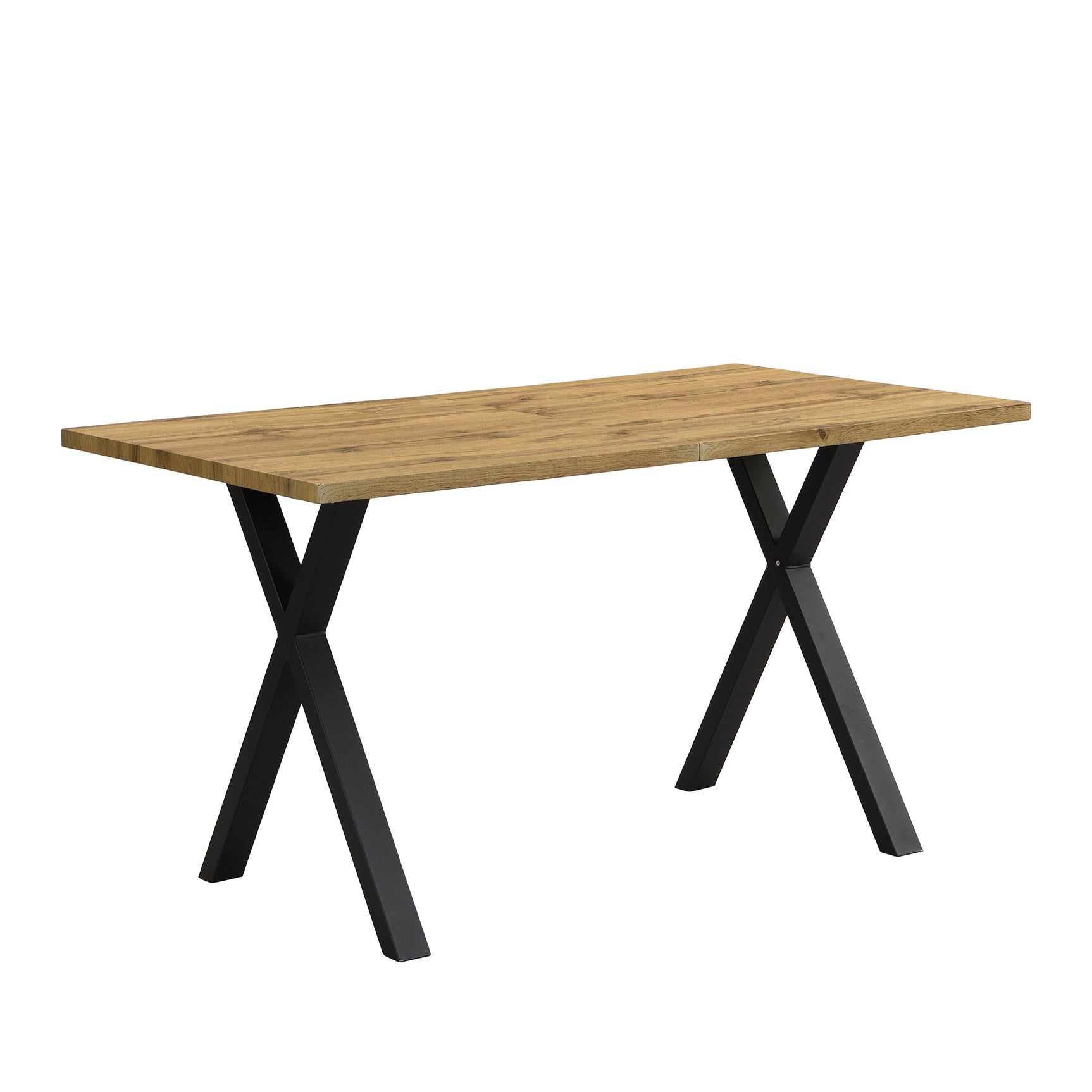 Moderner industrieller Esstisch 140x80 cm aus Holz in Eichenoptik mit gekreuzten Beinen aus schwarzem Metall