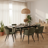 Ensemble de salle à manger comprenant une table extensible et 6 fauteuils avec accoudoirs en tissu vert