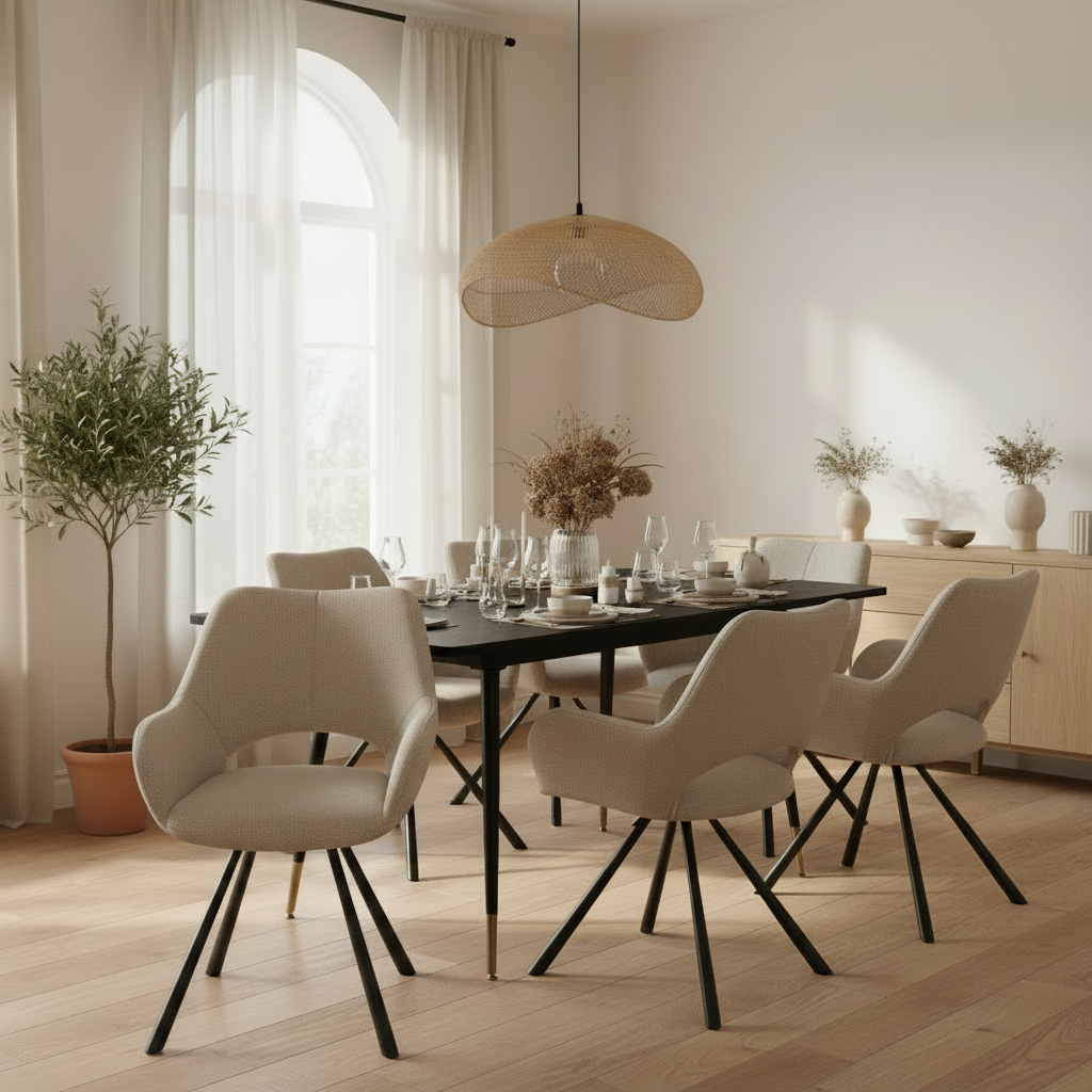 Ensemble de salle à manger comprenant une table extensible et 6 fauteuil en tissu beige