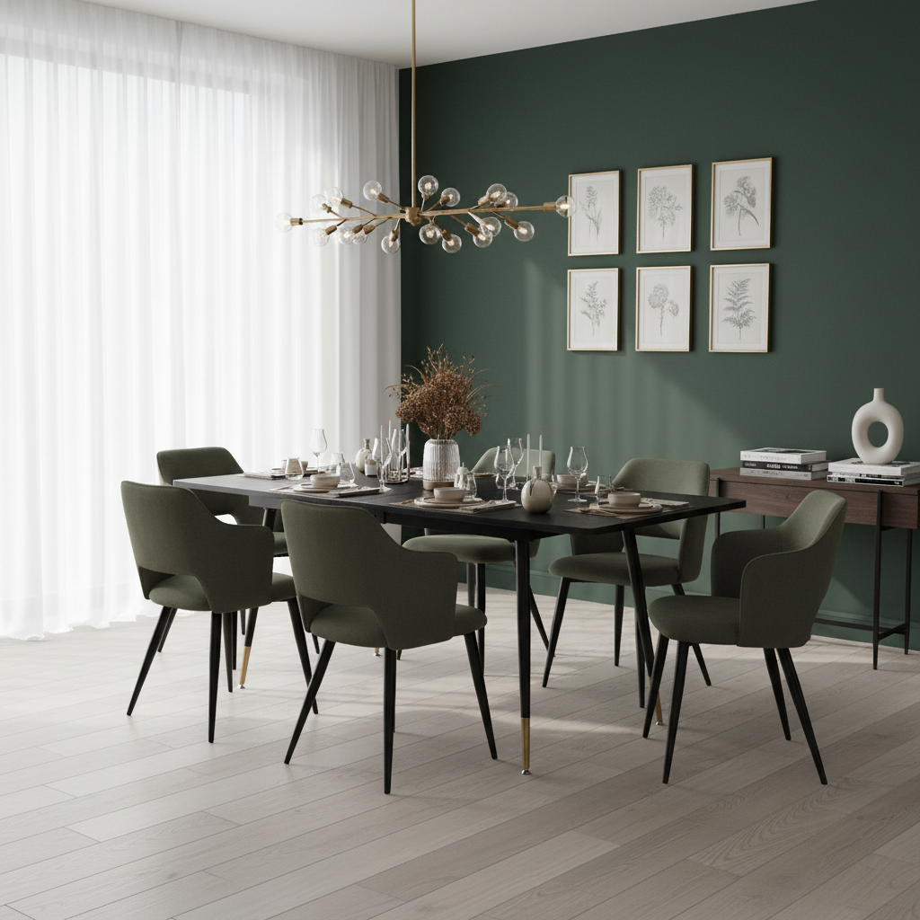 Ensemble de salle à manger comprenant une table extensible et 6 fauteuils avec accoudoirs en tissu vert