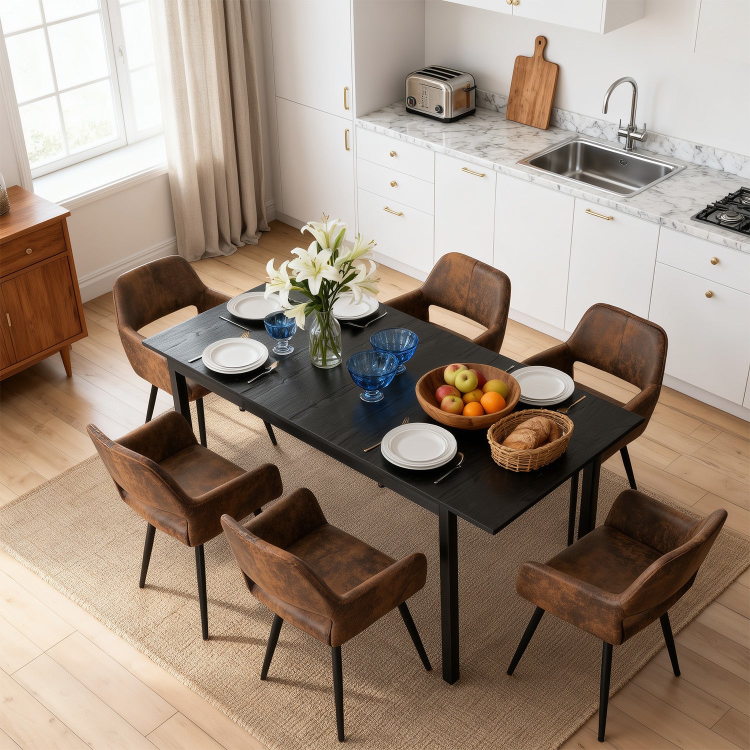 Round Table Table Table Table Timber Ø80 cm with 4 black velvet chairs, modern and comfortable style