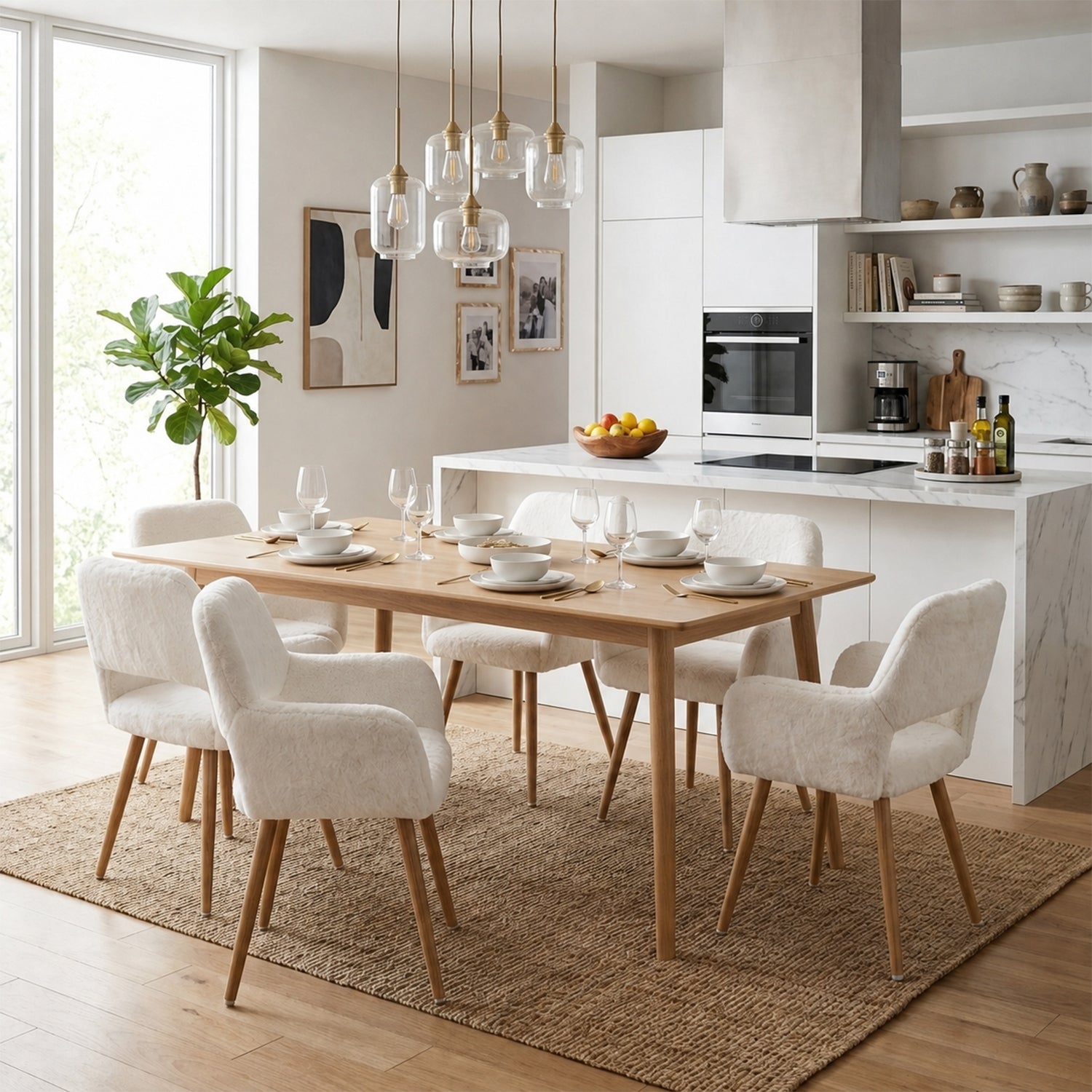 Lot de 6 fauteuils de salle à manger de style scandinave en fausse fourrure blanche avec pieds en métal effet bois