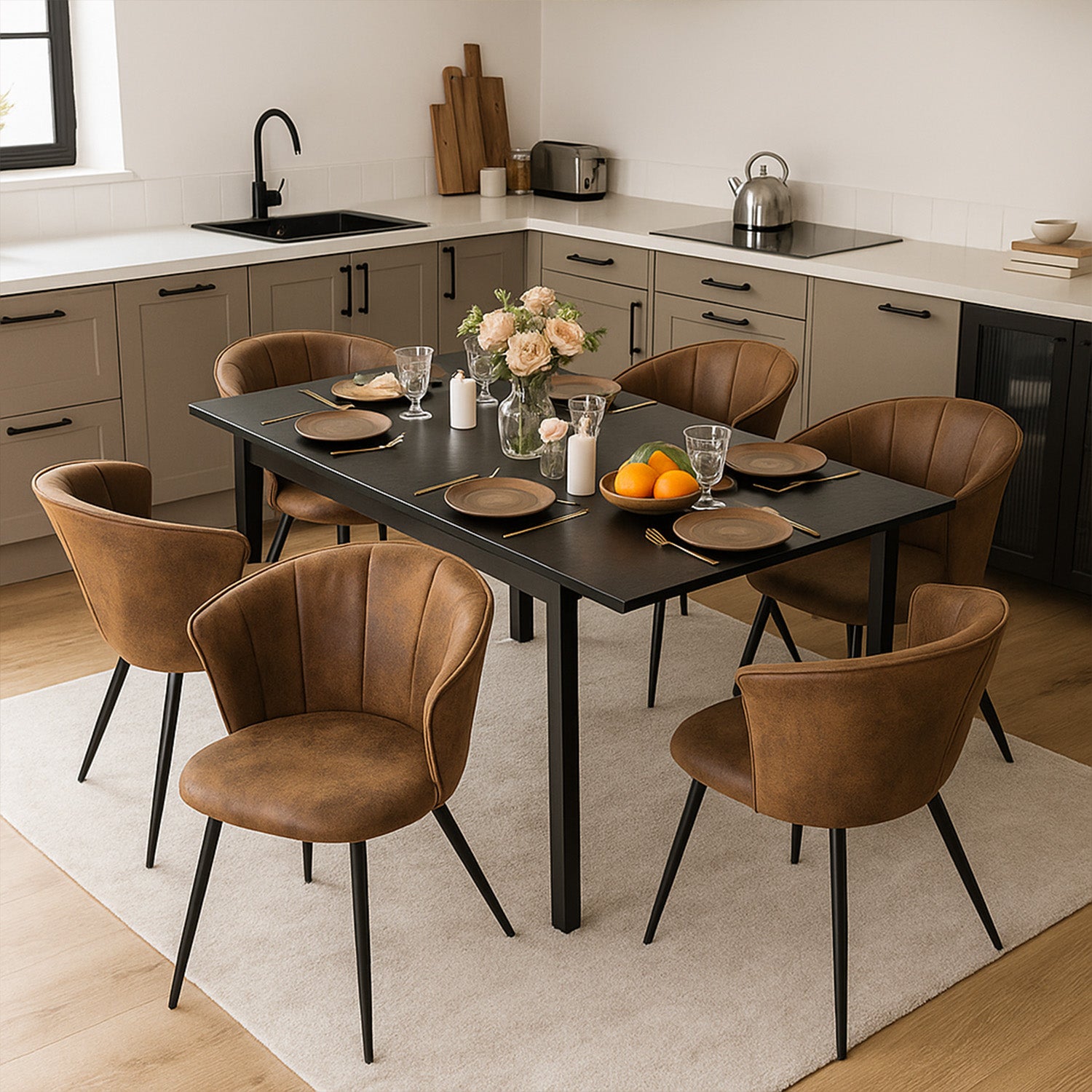 Ensemble table à manger extensible noire avec 6 fauteuils en suédine, style scandinave