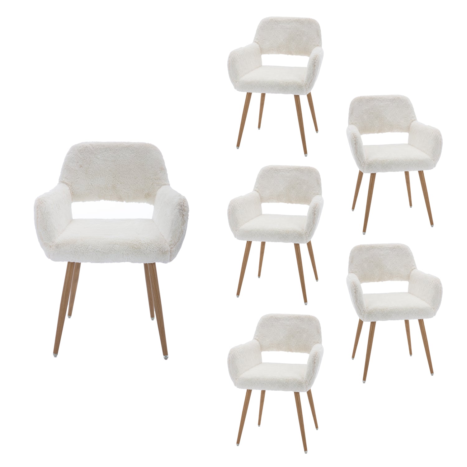 Lot de 6 fauteuils de salle à manger de style scandinave en fausse fourrure blanche avec pieds en métal effet bois