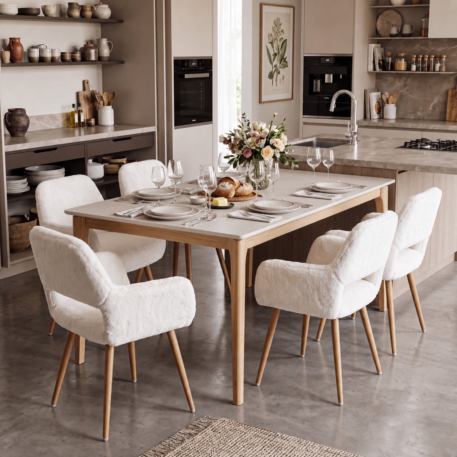 Lot de 6 fauteuils de salle à manger de style scandinave en fausse fourrure blanche avec pieds en métal effet bois