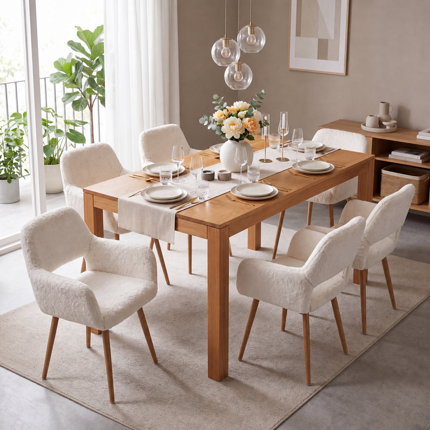 Lot de 6 fauteuils de salle à manger de style scandinave en fausse fourrure blanche avec pieds en métal effet bois