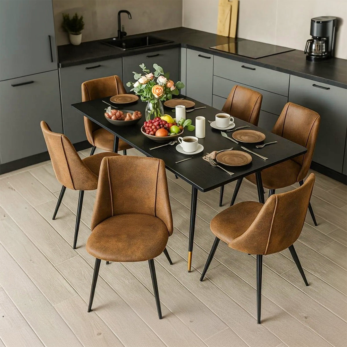 Round Table Table Table Table Timber Ø80 cm with 4 black velvet chairs, modern and comfortable style