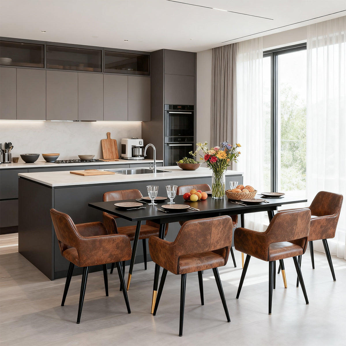 Ensemble de salle à manger comprenant une table extensible et 6 chaises avec accoudoirs en suédine marron