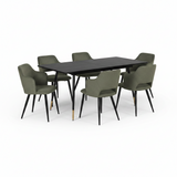 Ensemble de salle à manger comprenant une table extensible et 6 fauteuils avec accoudoirs en tissu vert